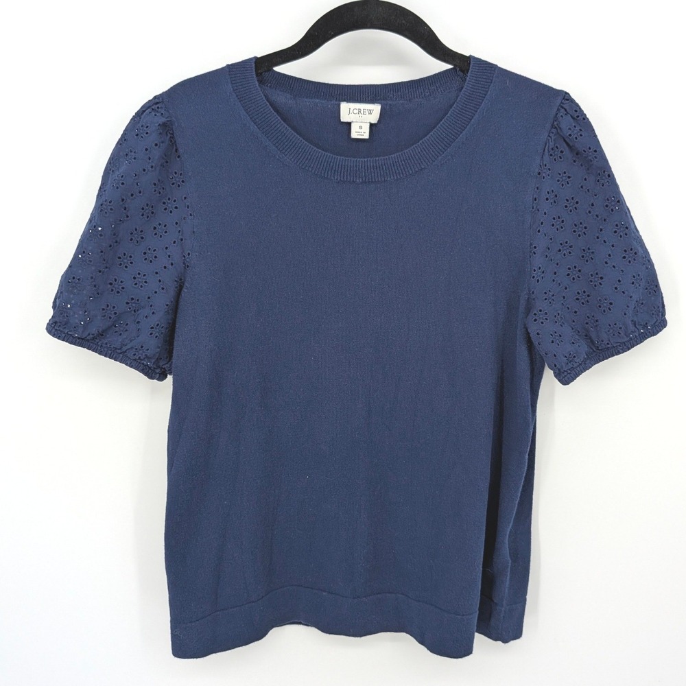 J Crew Short Sleeve Sweater Women Small Navy Blue Eyelet Puff Sleeve Cotton Knit